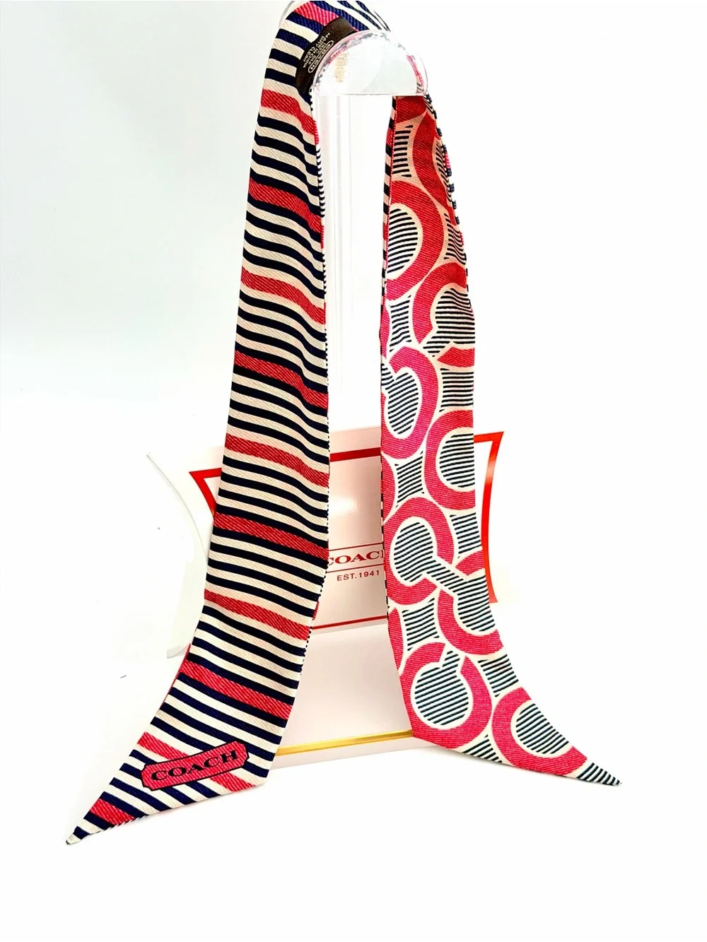 Coach Silk Skinny Scarf - Pink, Navy, & White/Cream Stripe / Signature C
